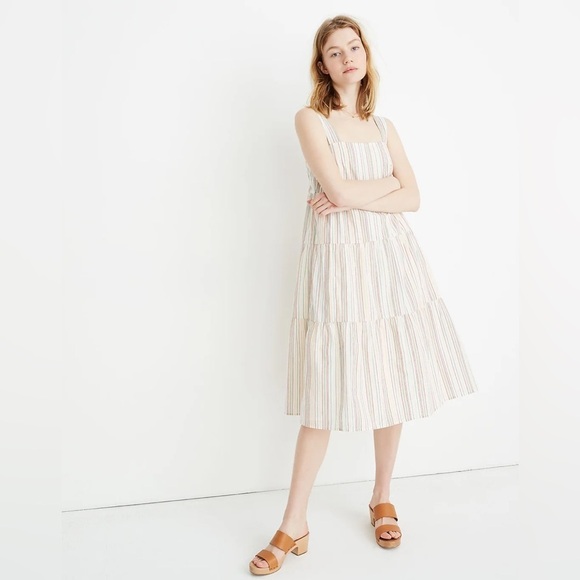 Madewell Button-Back Tiered Dress in Textural Rainbow Stripe - Picture 1 of 12
